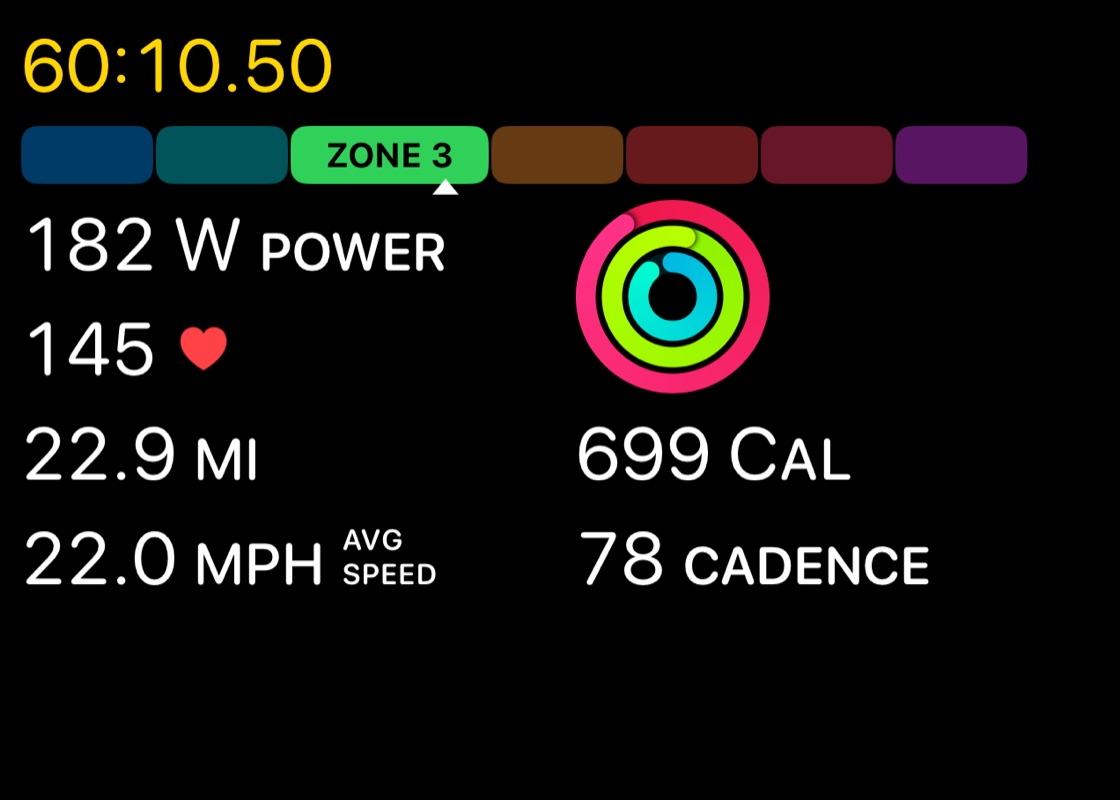 Live ride metrics: 182 watts, heart rate 145 in zone 3, 22.9 miles, 699 calories, cadence 78