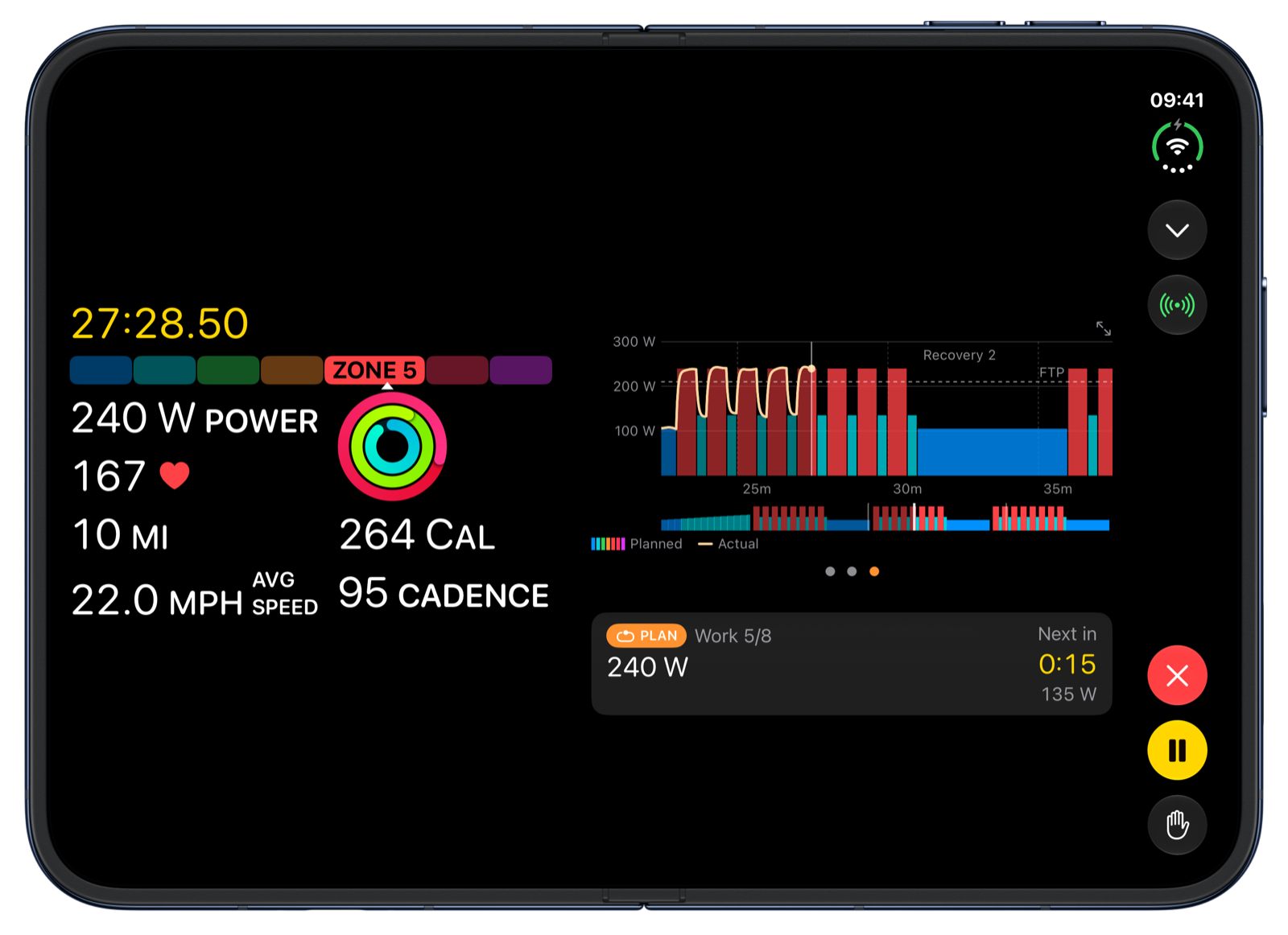 Klemy Cycling holding 240 watts in a planned ride, on an open iPhone Duo