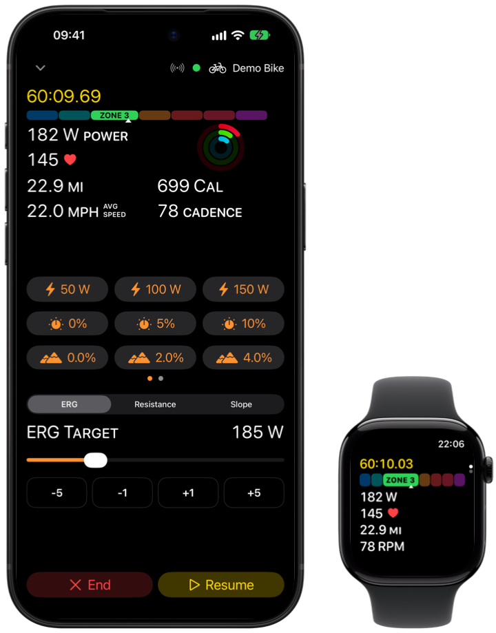 Klemy Cycling mid-ride on iPhone and Apple Watch