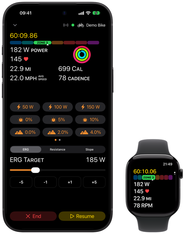 Klemy Cycling mid-ride on iPhone and Apple Watch