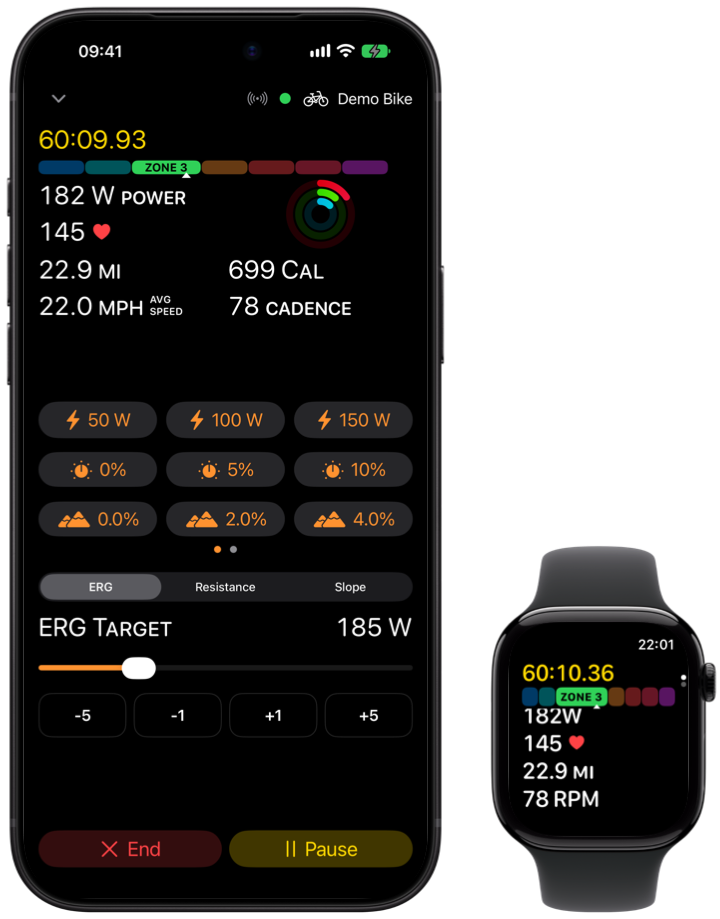 Virtual Cycling Trainer mid-ride on iPhone and Apple Watch