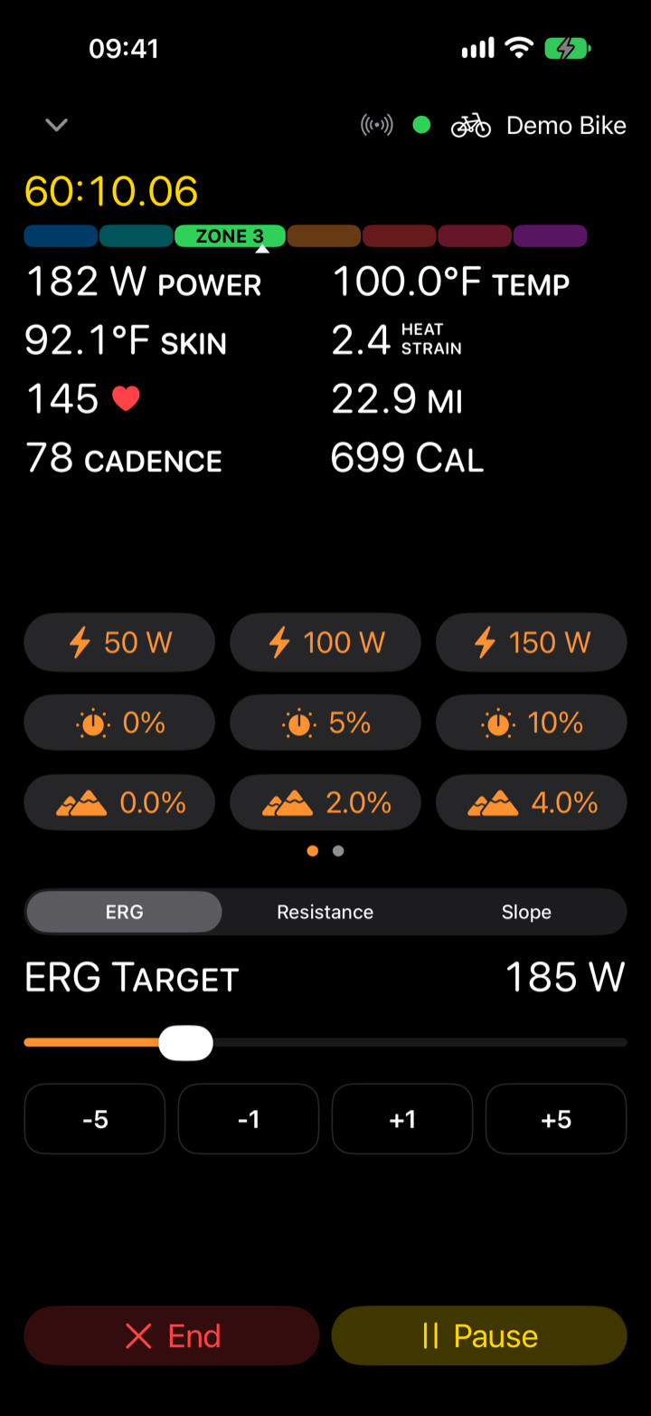 Virtual Cycling Trainer iPhone workout screen with a custom layout showing power, body and skin temperature, and Heat Strain Index