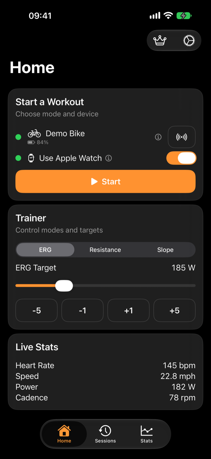 Virtual Cycling Trainer iPhone home screen with trainer mode and ERG target controls