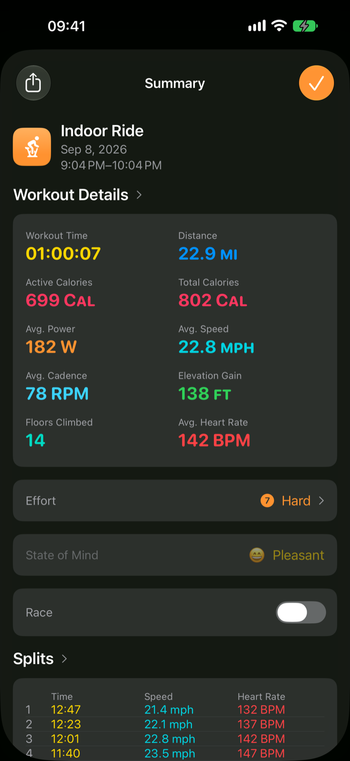 Virtual Cycling Trainer iPhone ride summary screen