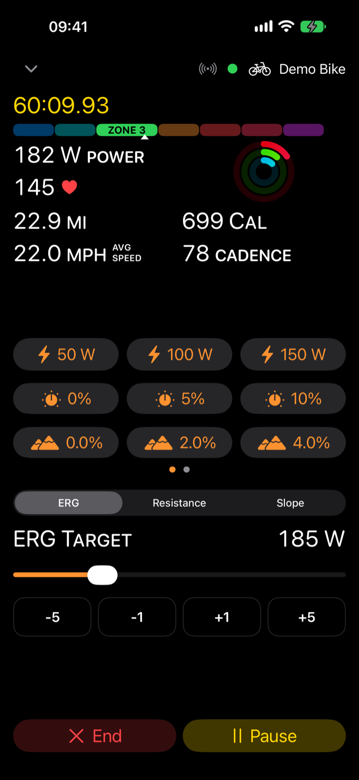 Virtual Cycling Trainer iPhone workout screen showing heart rate zone, distance, cadence and the ERG target slider