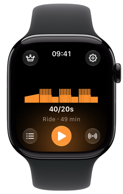 Klemy Cycling’s start screen on Apple Watch: 40/20s, a 49-minute ride, with buttons for the plan list and the trainer connection