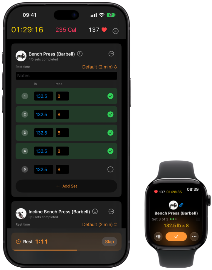 Klemy logging a bench press workout on iPhone and Apple Watch
