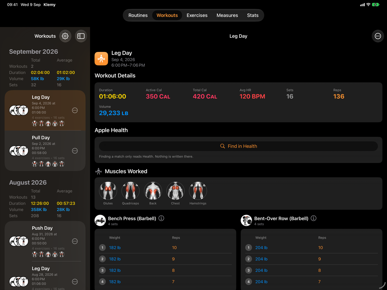 Klemy on iPad with the workout history in the sidebar and a full workout detail beside it