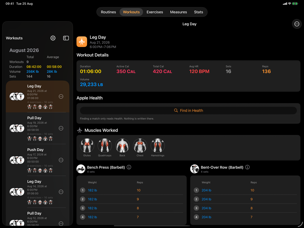 Klemy on iPad with the workout history in the sidebar and a full workout detail beside it