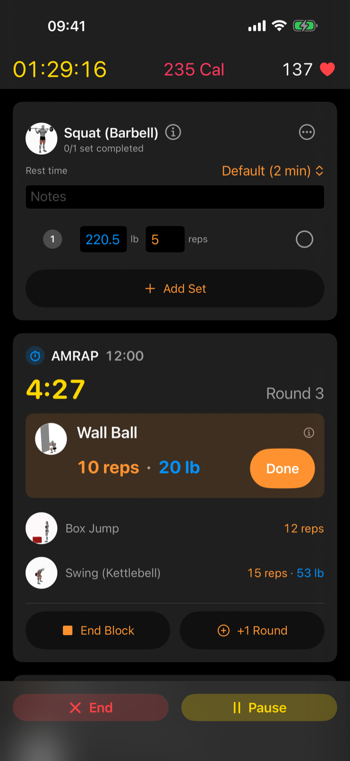 Klemy iPhone conditioning block running an AMRAP with a round counter