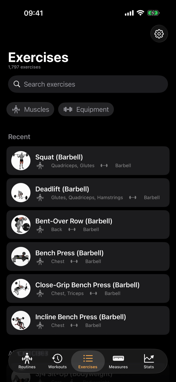 Klemy iPhone exercise library with muscle and equipment filters