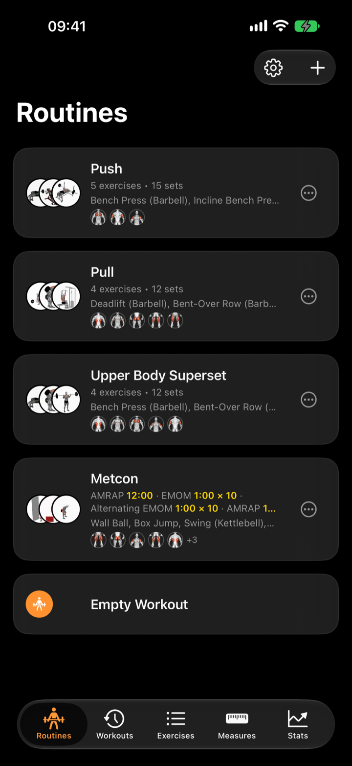 Klemy iPhone routines list showing push, pull, upper body superset and metcon routines