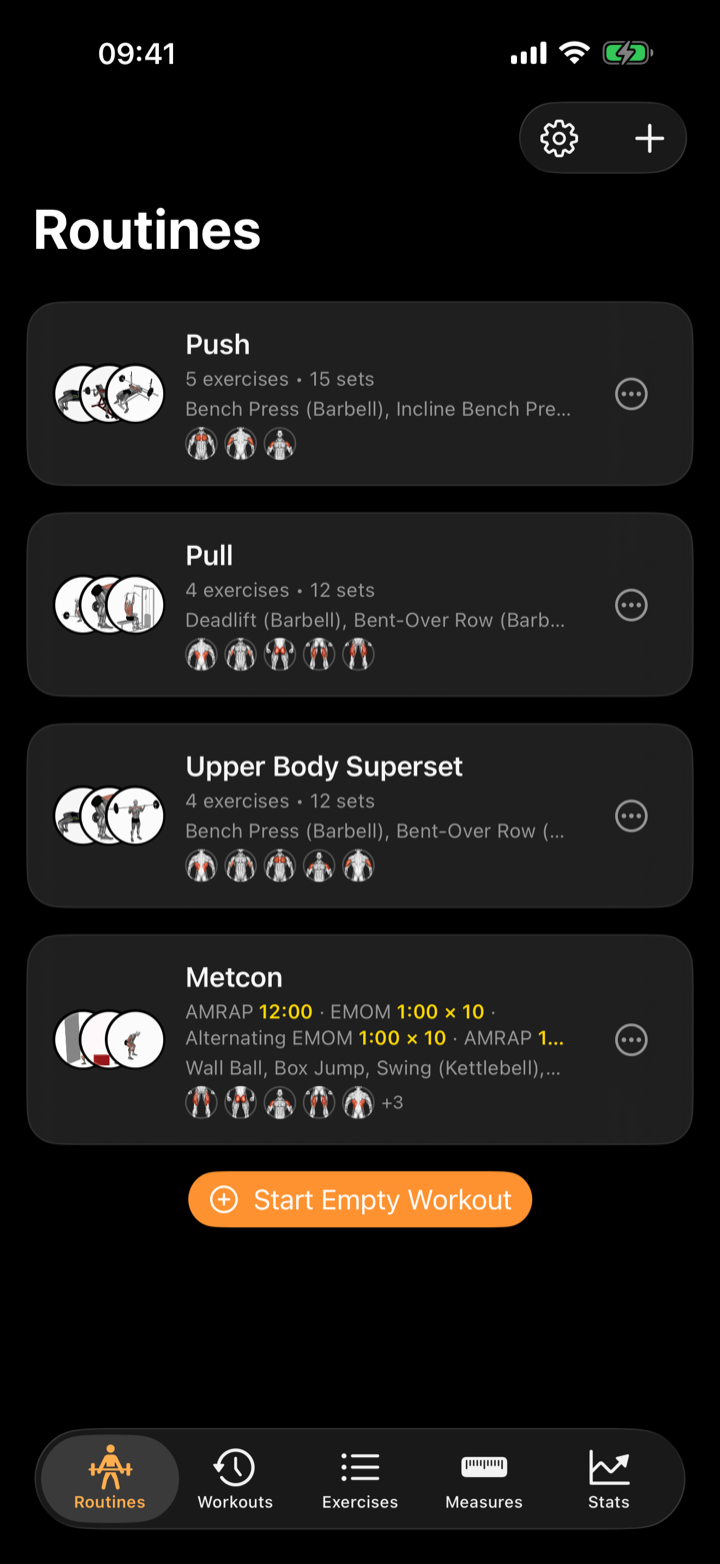 Klemy iPhone routines list showing push, pull, upper body superset and metcon routines
