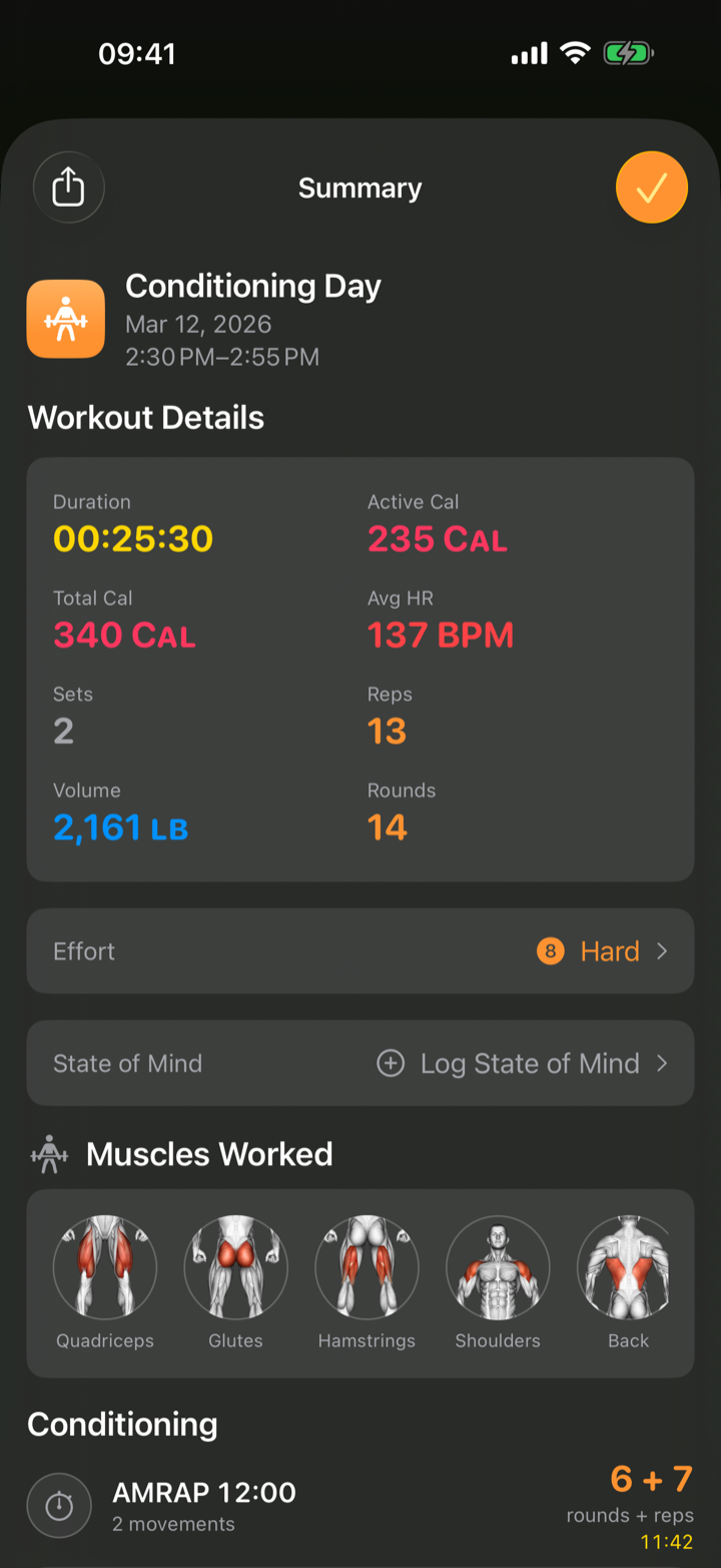 Klemy iPhone workout summary with duration, volume, heart rate and muscles worked