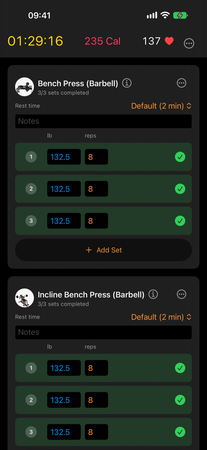 Klemy iPhone workout screen with three completed sets of bench press logged at 132.5 lb for 8 reps