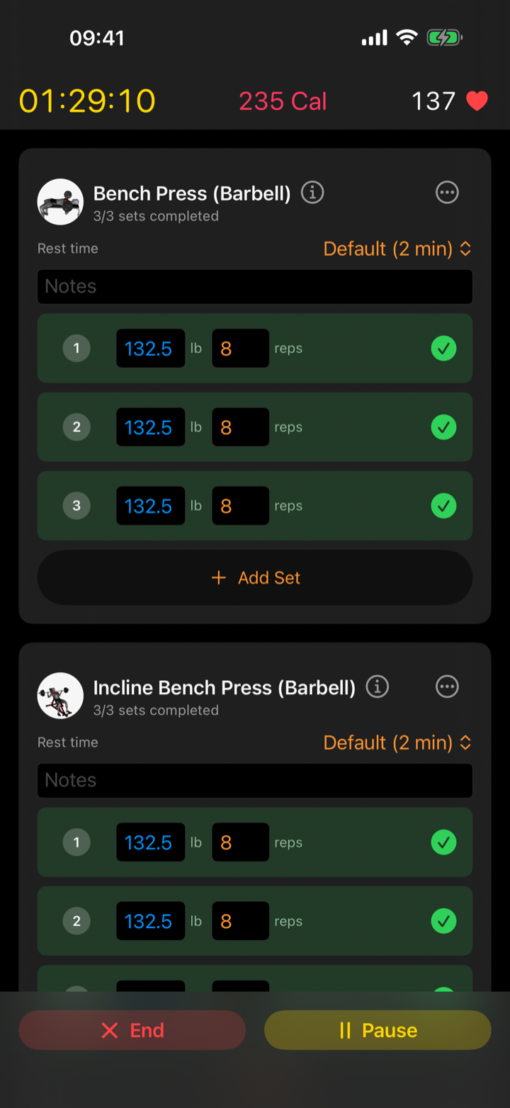 Klemy iPhone workout screen with three completed sets of bench press logged at 132.5 lb for 8 reps