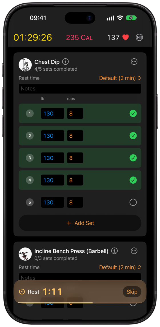 Klemy logging chest dips, with the rest timer running, on iPhone
