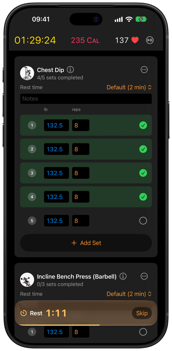 Klemy logging chest dips, with the rest timer running, on iPhone