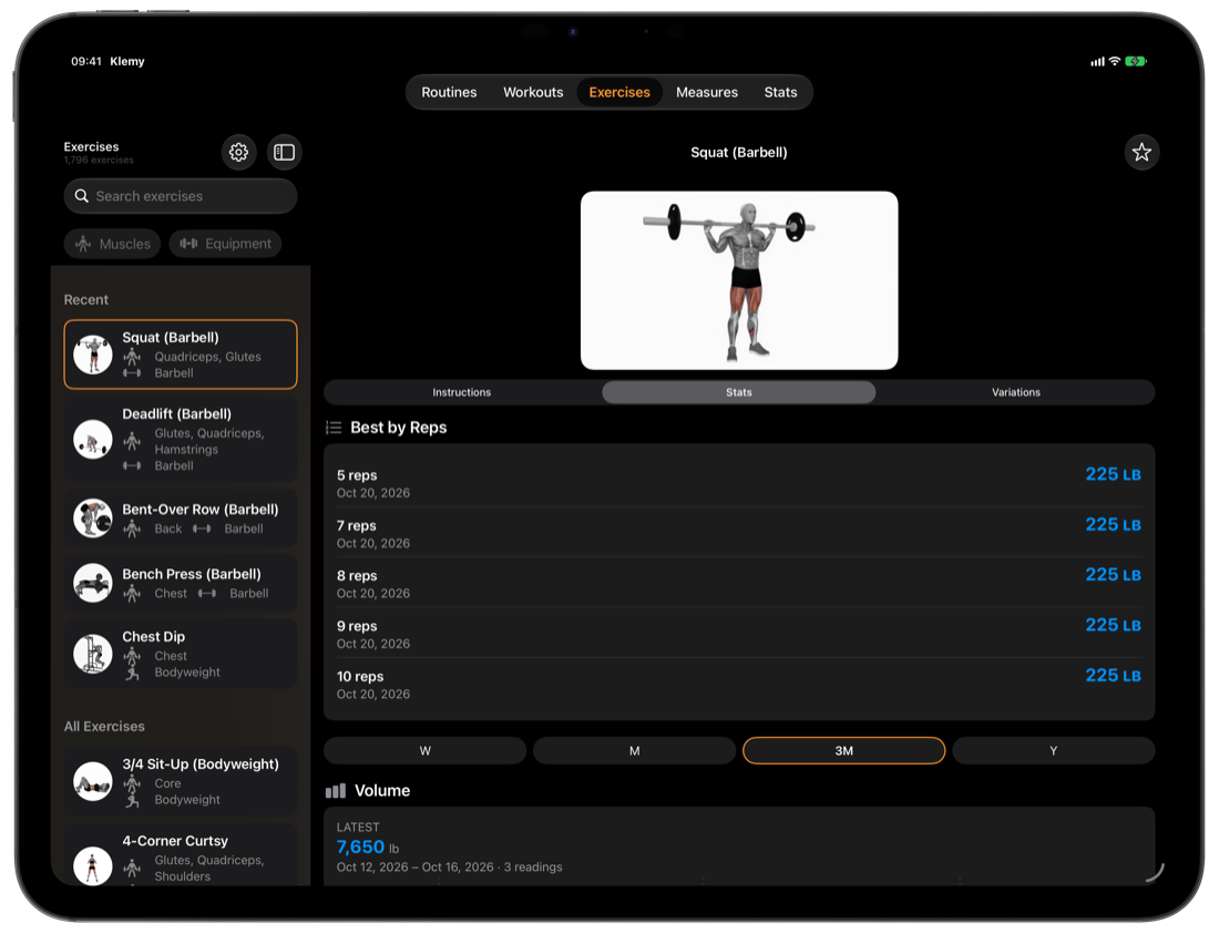 The exercise library on iPad