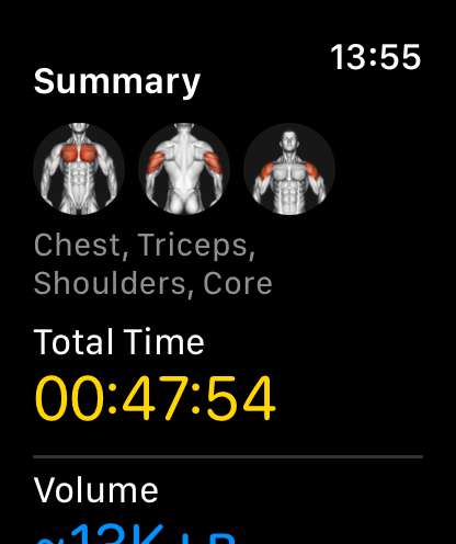 Klemy Apple Watch workout summary with muscles worked and total time