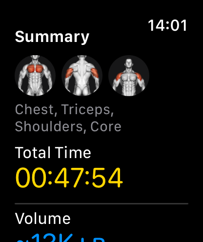 Klemy Apple Watch workout summary with muscles worked and total time