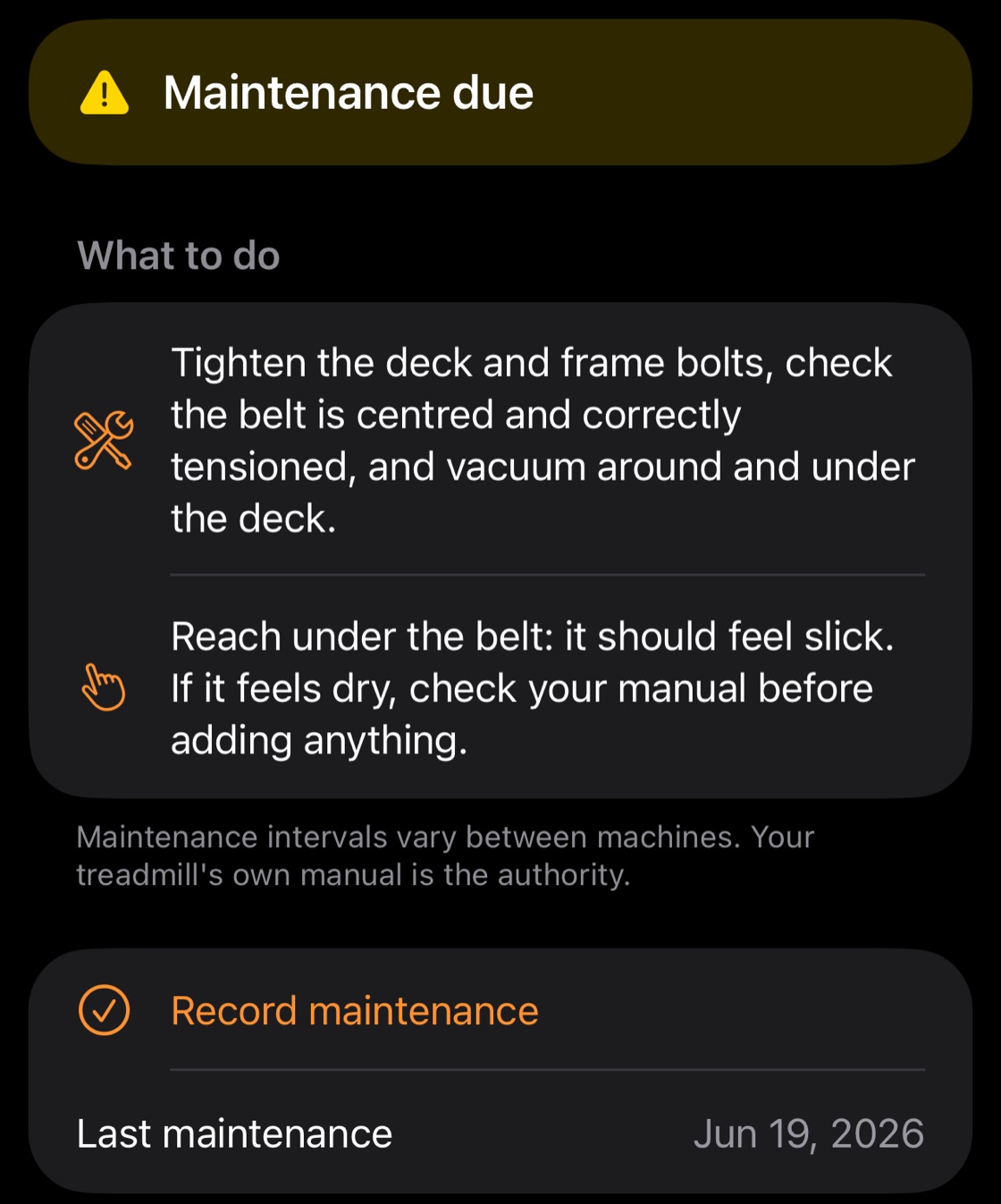 Treadmill Care reading Maintenance due, with what to do, a Record maintenance button and the date of the last maintenance