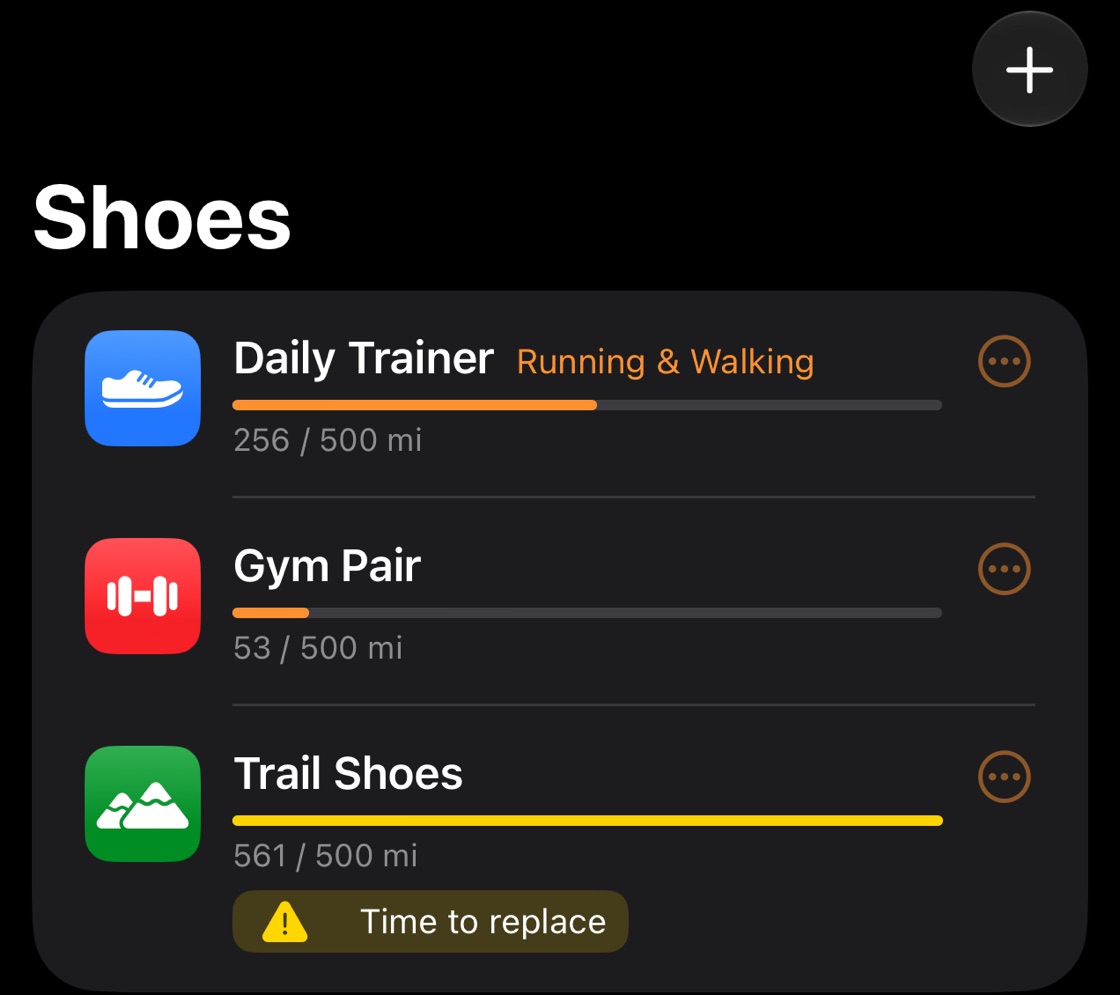 The Shoes list: Daily Trainer at 256 of 500 miles, Gym Pair at 53, and Trail Shoes at 561 with a Time to replace warning