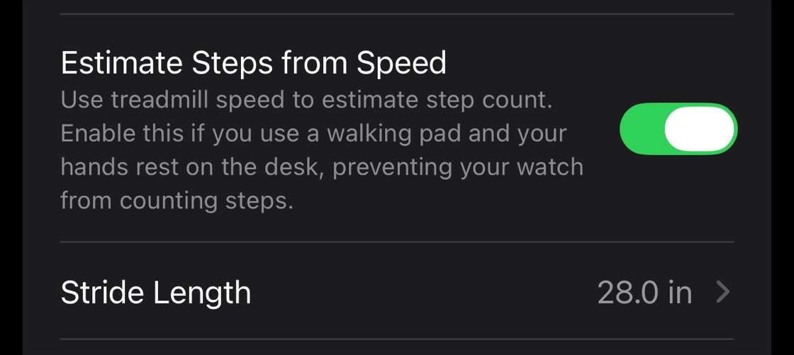 Estimate Steps from Speed switched on in Device Settings, with Stride Length set to 28.0 in