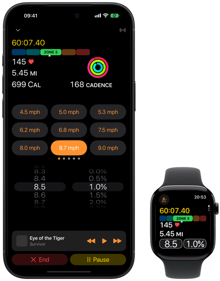 Virtual Treadmill mid-workout on iPhone and Apple Watch