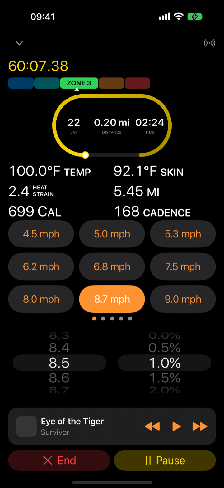 Virtual Treadmill iPhone workout screen with a custom layout showing the track lap widget, body and skin temperature, and Heat Strain Index