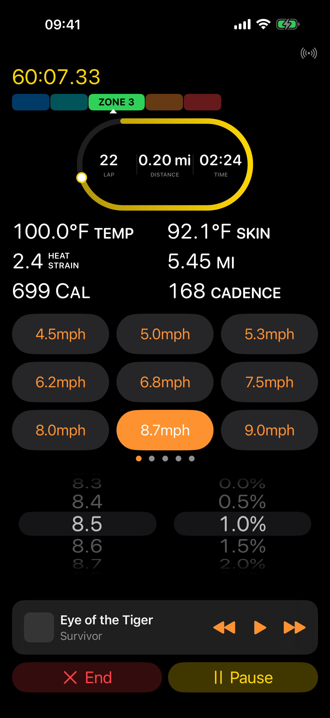 Virtual Treadmill iPhone workout screen with a custom layout showing the track lap widget, body and skin temperature, and Heat Strain Index