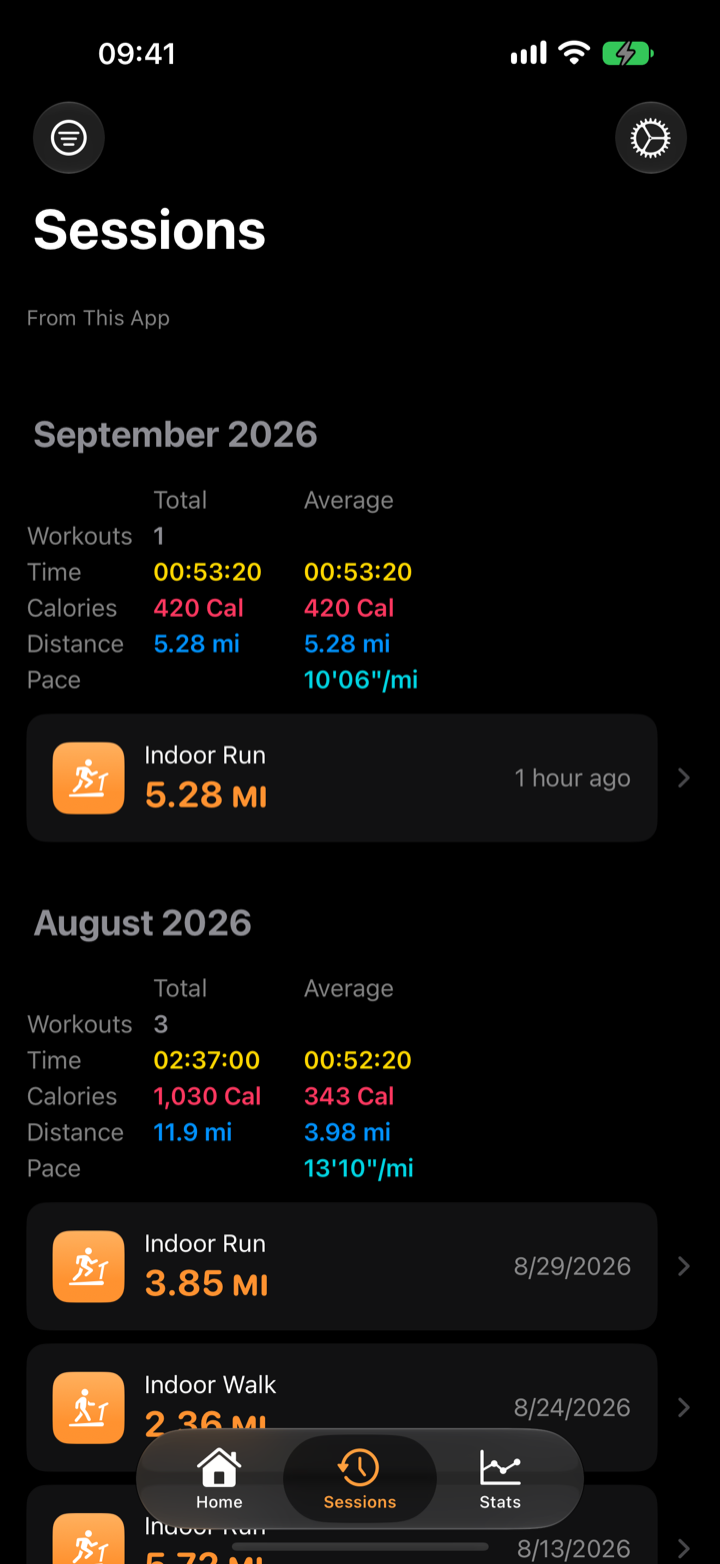 Virtual Treadmill iPhone sessions screen