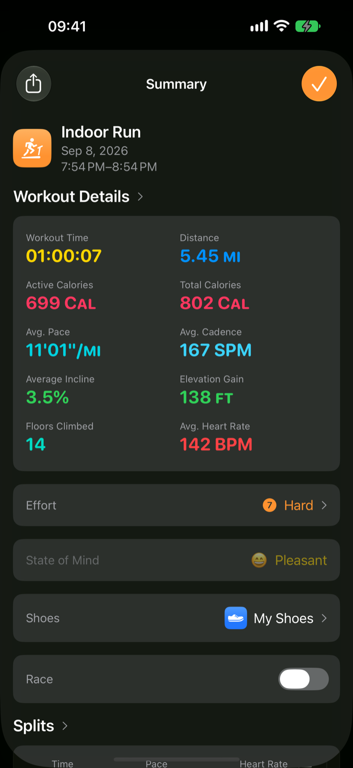 Virtual Treadmill iPhone workout summary screen