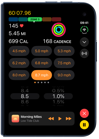 A live workout with speed shortcuts on a closed iPhone Duo
