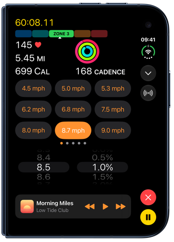 A live workout with speed shortcuts on a closed iPhone Duo
