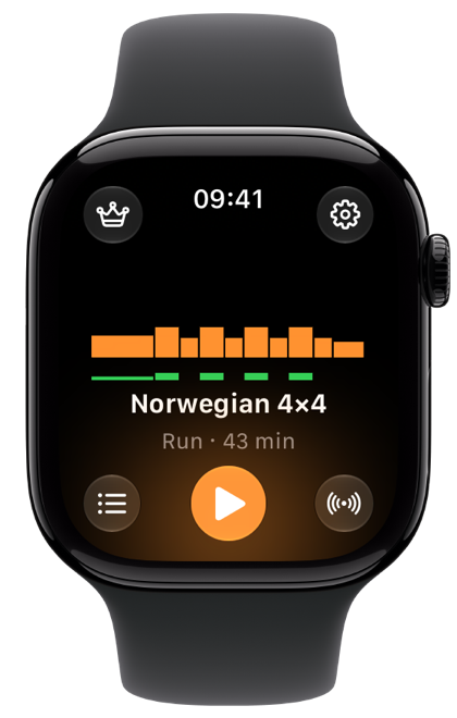 Klemy Treadmill’s start screen on Apple Watch: Norwegian 4×4, a 43-minute run, with buttons for the plan list and the treadmill connection